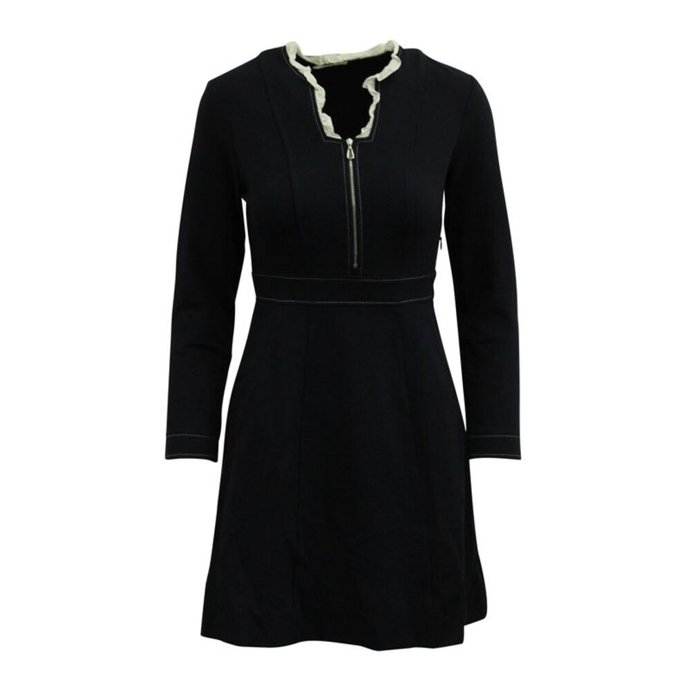 Sandro Clay Ruffled Collar Dress in Navy Blue Polyester Viscose